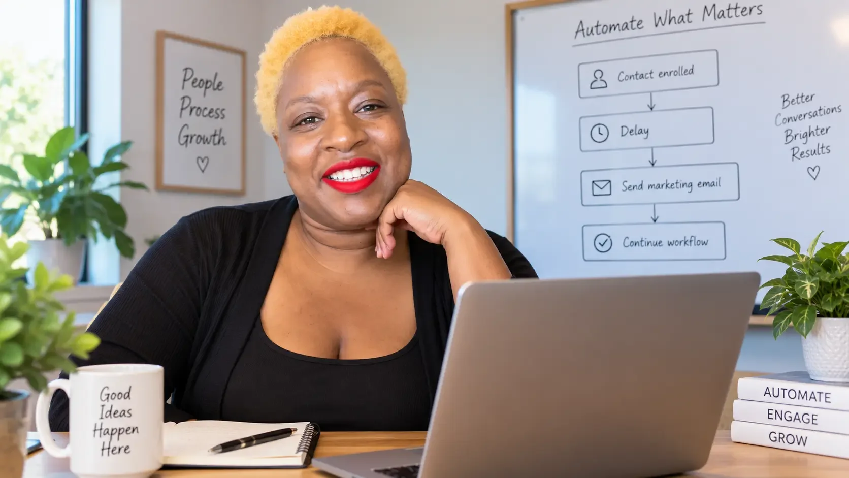 Woman reviewing an automated marketing email workflow on a laptop