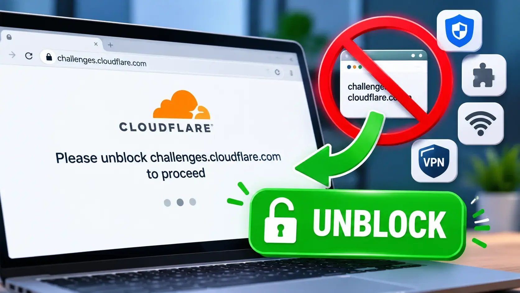 Laptop displaying the “Please unblock challenges.cloudflare.com to proceed” error with Cloudflare security icons and an unblock solution graphic.