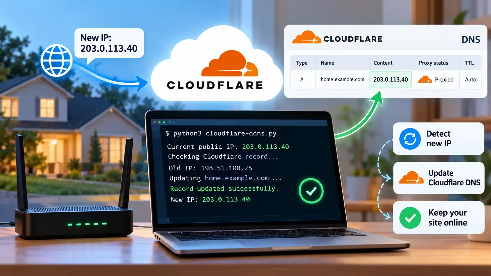 Cloudflare Dynamic DNS setup showing a home router, Python updater, and DNS record automatically updating when the public IP address changes.