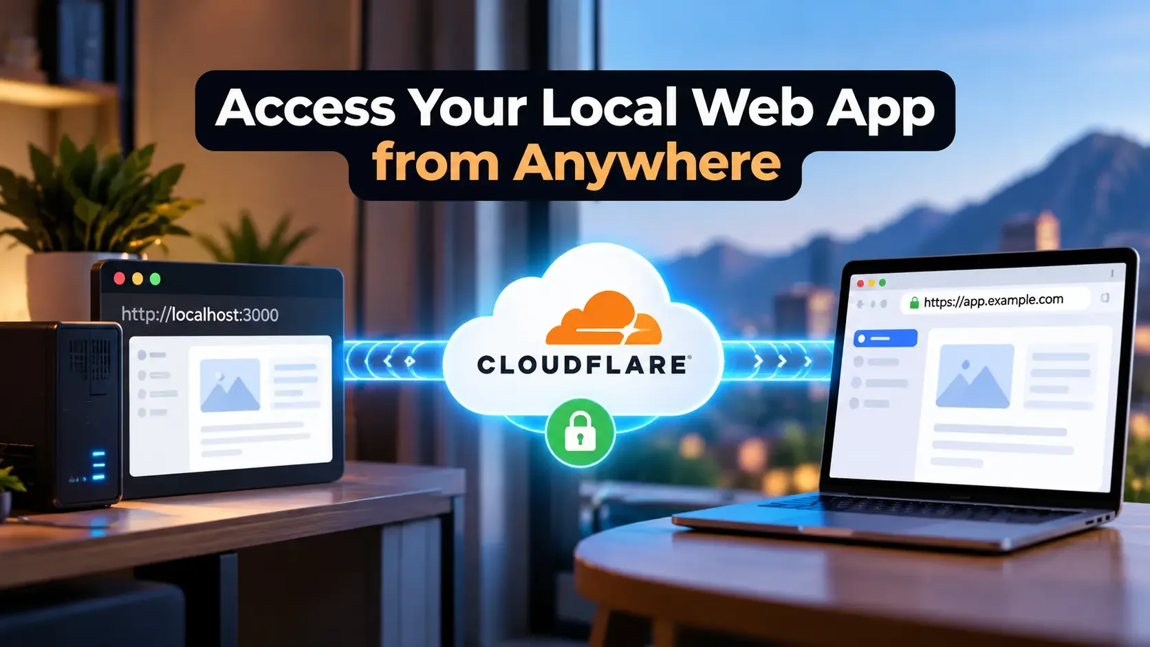 Cloudflare Tunnel connecting a local web application on localhost:3000 to a public HTTPS hostname, enabling secure remote access without port forwarding.