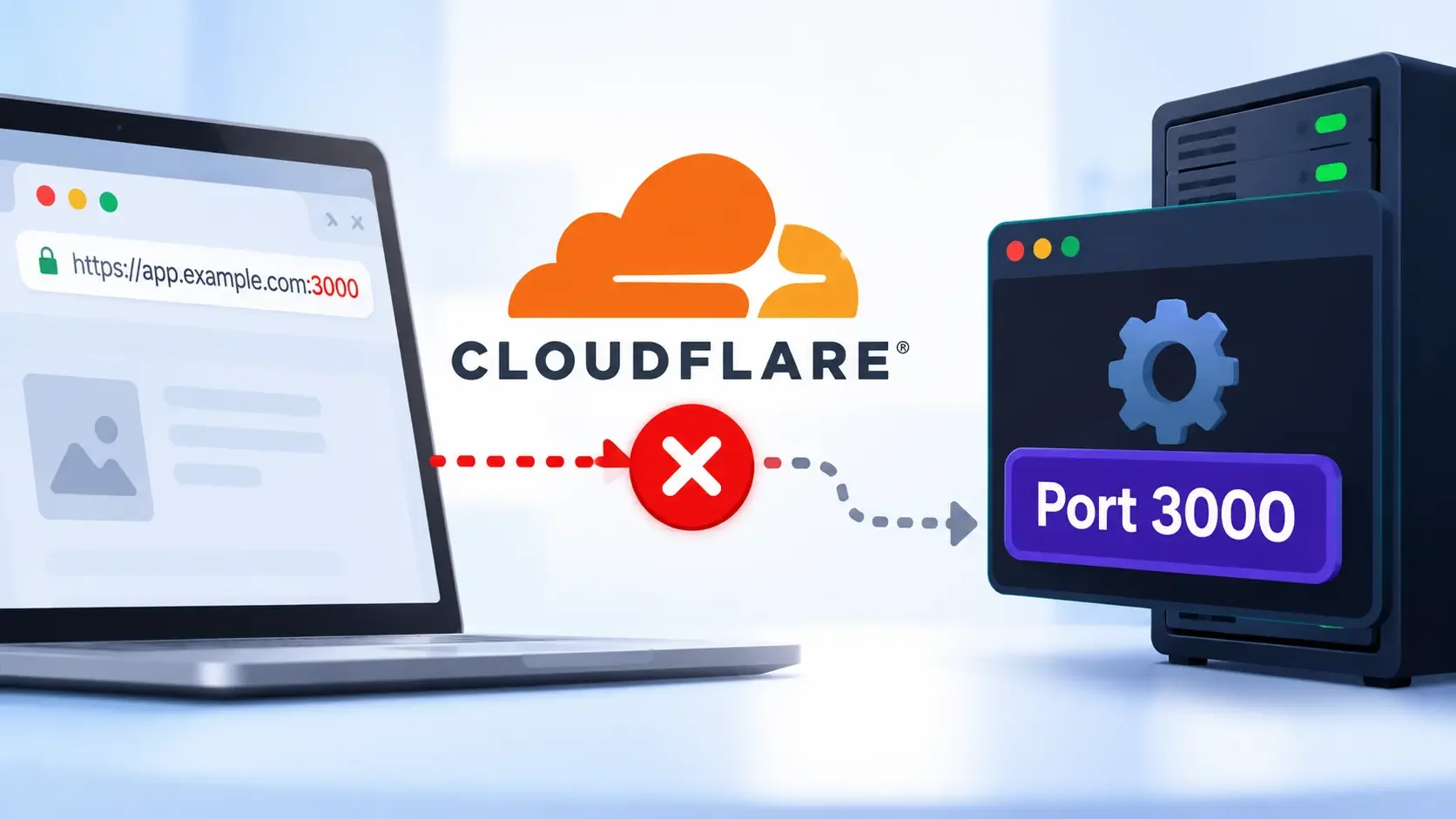 Cloudflare blocking a connection to port 3000, showing an unsupported HTTPS port and a web application server that cannot be reached through the proxy.