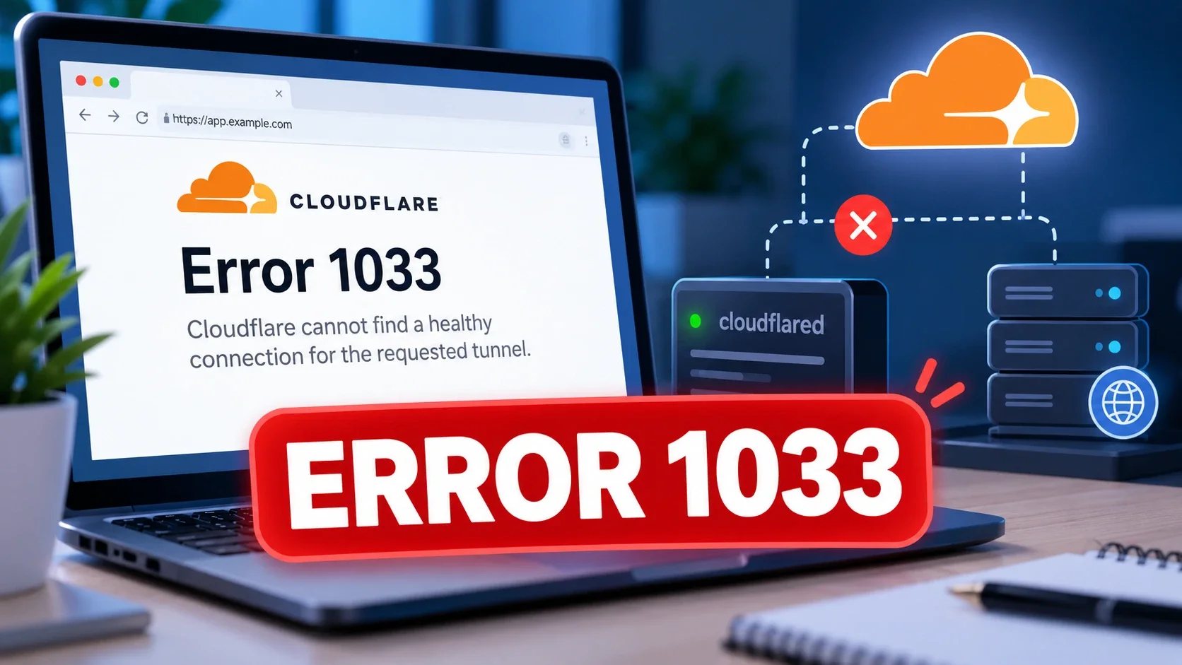 Cloudflare Tunnel Error 1033 displayed on a laptop with a diagram showing a failed connection between Cloudflare, the cloudflared connector, and a server.